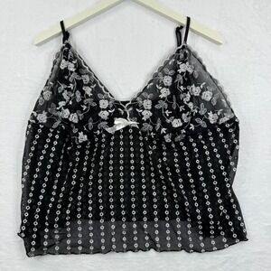 Cacique Black Embroidered Floral Sheer Mesh Babydoll Cami Tank Top Plus Sz 26/28